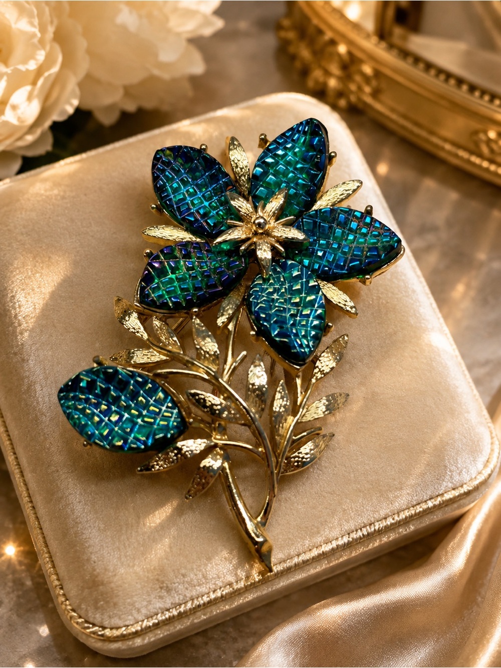Vintage François by Coro Peacock Blue Floral Brooch